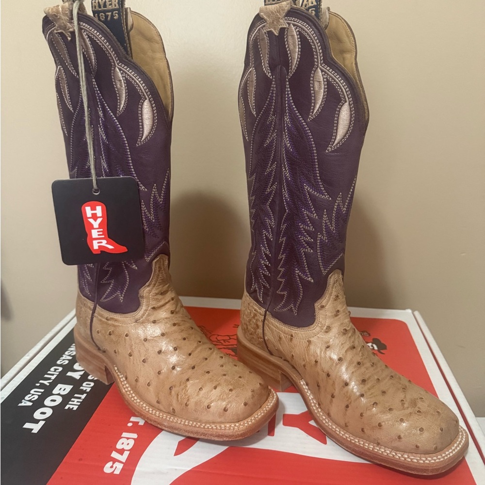 Hyer Women’s Ostrich Skin Tan and Purple Western Boots